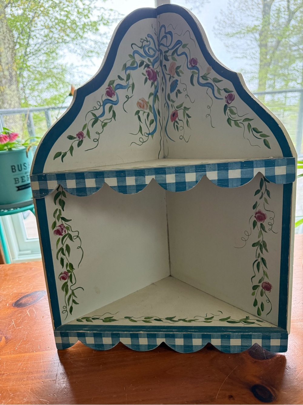 Hand-Painted Corner Shelf with Blue Gingham Trim and Floral Accents